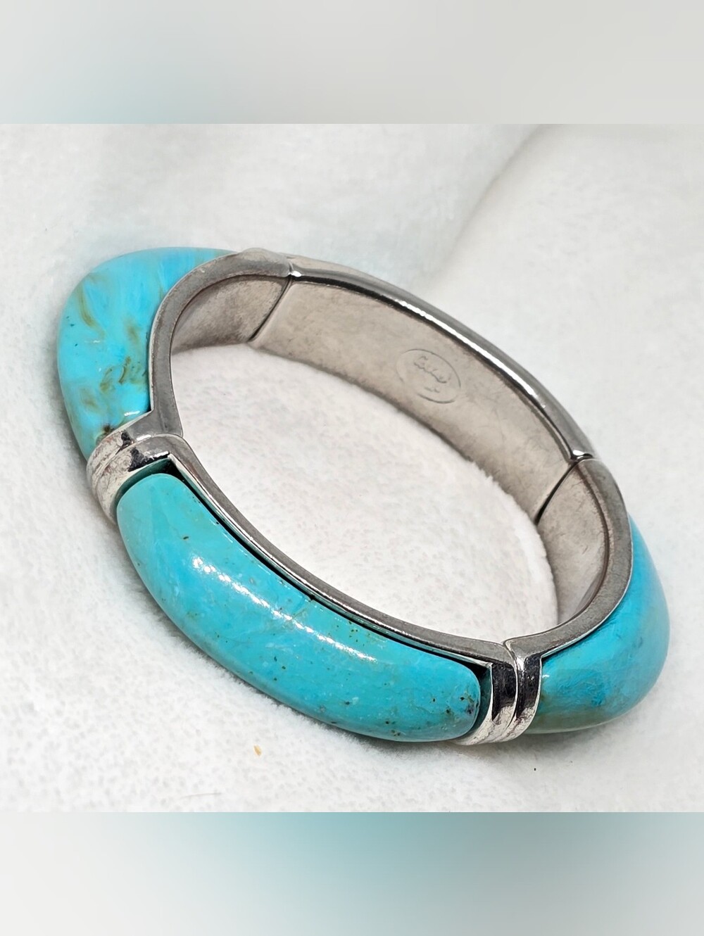 Cookie Lee Silvertone Faux Turquoise Stretch Chunky Statement Bangle Bracelet